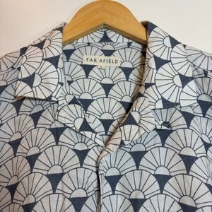 Far Afield Camp Collar Shirt Men Medium Geometric Fan Print Linen Blend Vacation